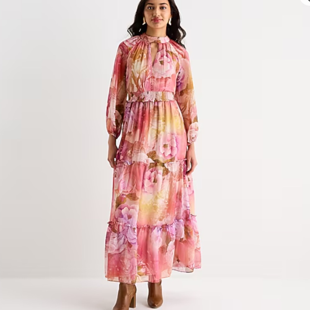 Melonie T Pink Floral Chiffon Keyhole Maxi Dress Sz 12P NWT